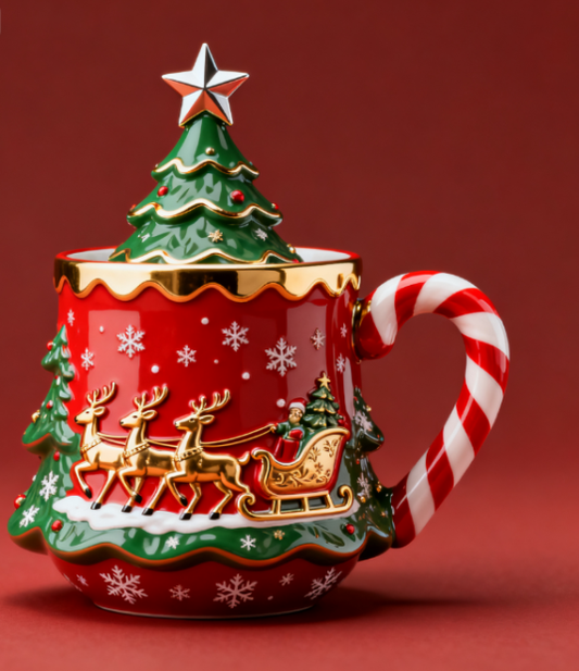 🎄 Christmas Tree Ceramic Mug with Lid – Holiday Edition 🎅