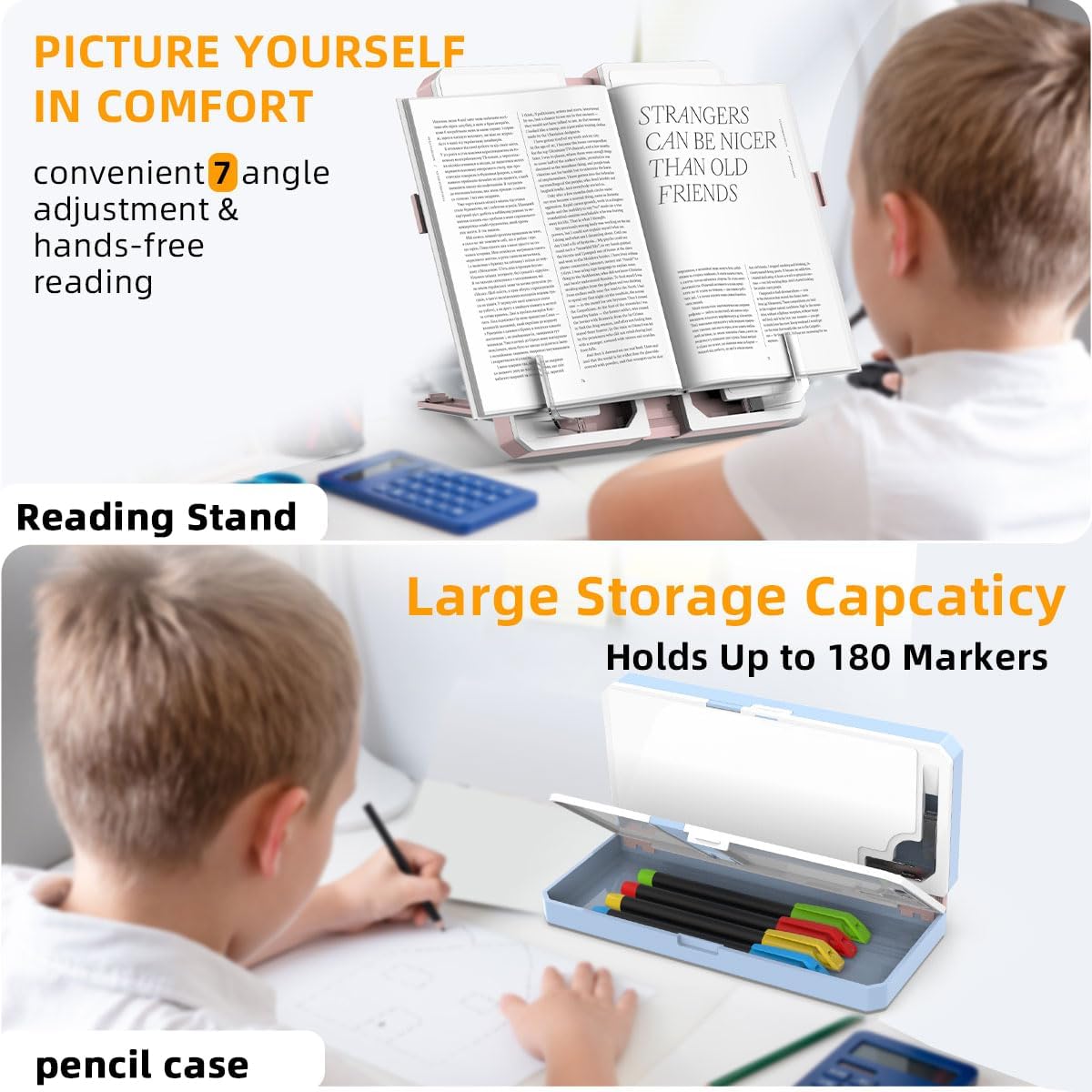 Multifunction Capacity Pencil Case with Book Stand for Reading Adjustable Book Holder Stationery Pen Bag Pouch School Supplies for Kids Teen Girls,Graduation/Birthday/Back to School Gifts